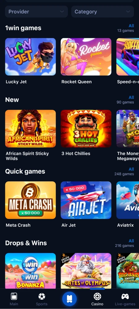 Screenshot of the page of all games in the 1win Nigeria app