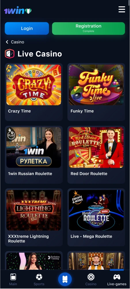 Screenshot of the live casino page on the 1win Nigeria app