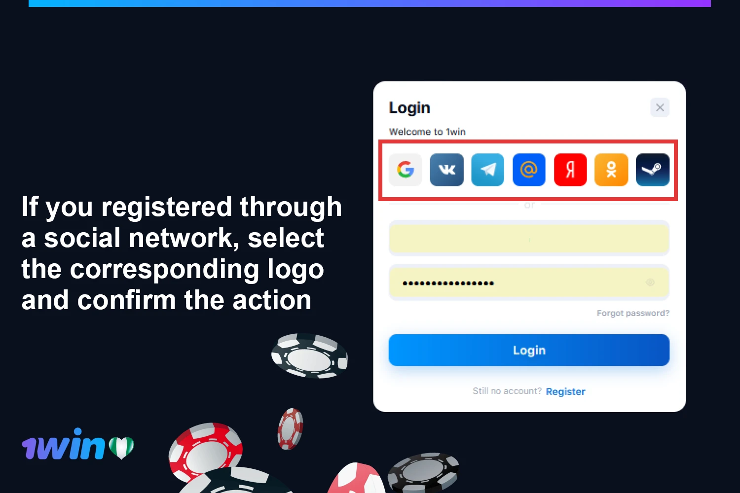 Users from Nigeria can log in to their 1win account via social networks