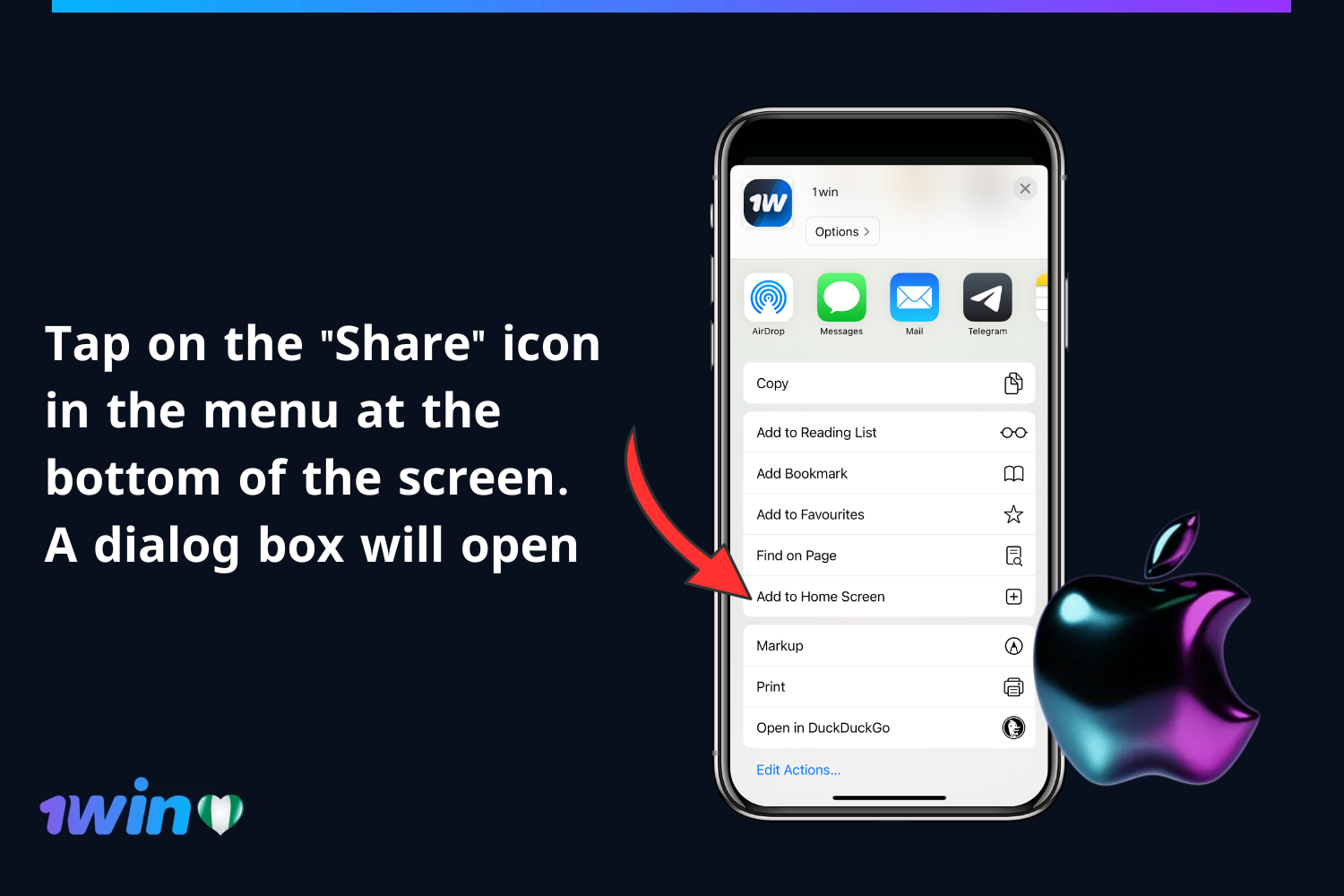 To download the application to iPhone, a user from Nigeria should click on the "Share" icon in the menu at the bottom of the screen and a dialog box will open