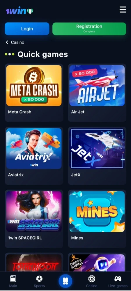 Screenshot of the quick games page on the 1win Nigeria app