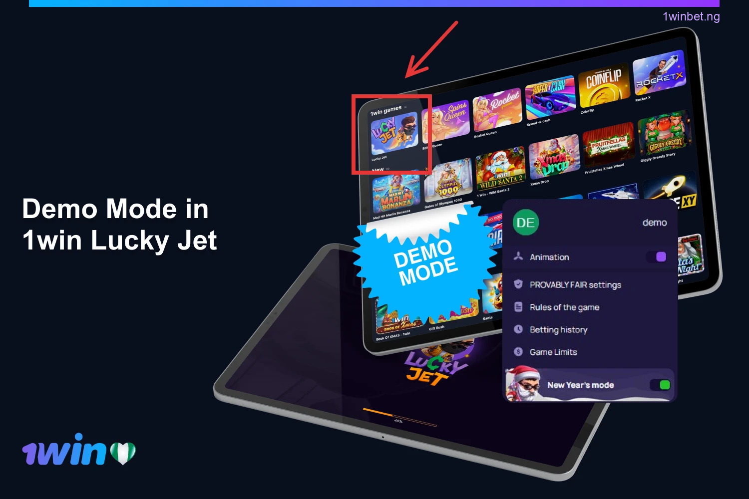 Players from Nigeria can play 1win Lucky Jet in demo mode without the risk of losing money