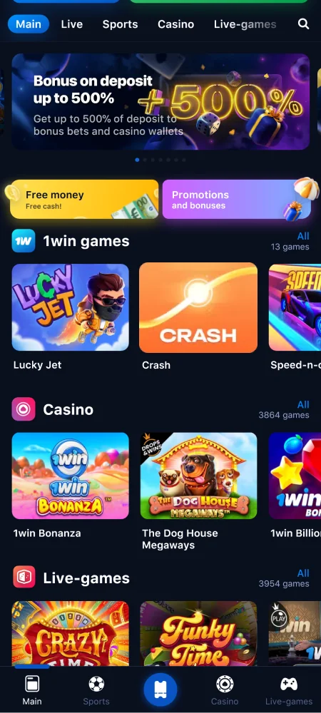 Screenshot of the main page of the 1win Nigeria app