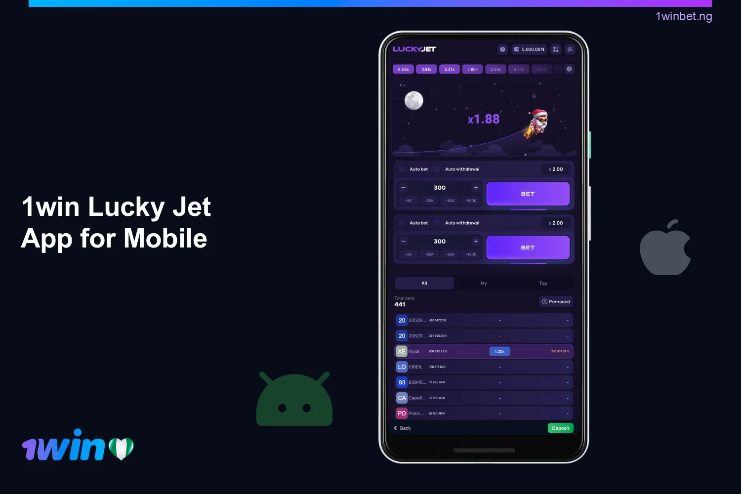 For players from Nigeria who want to play away from home, there is the option to download the 1win Lucky Jet mobile app
