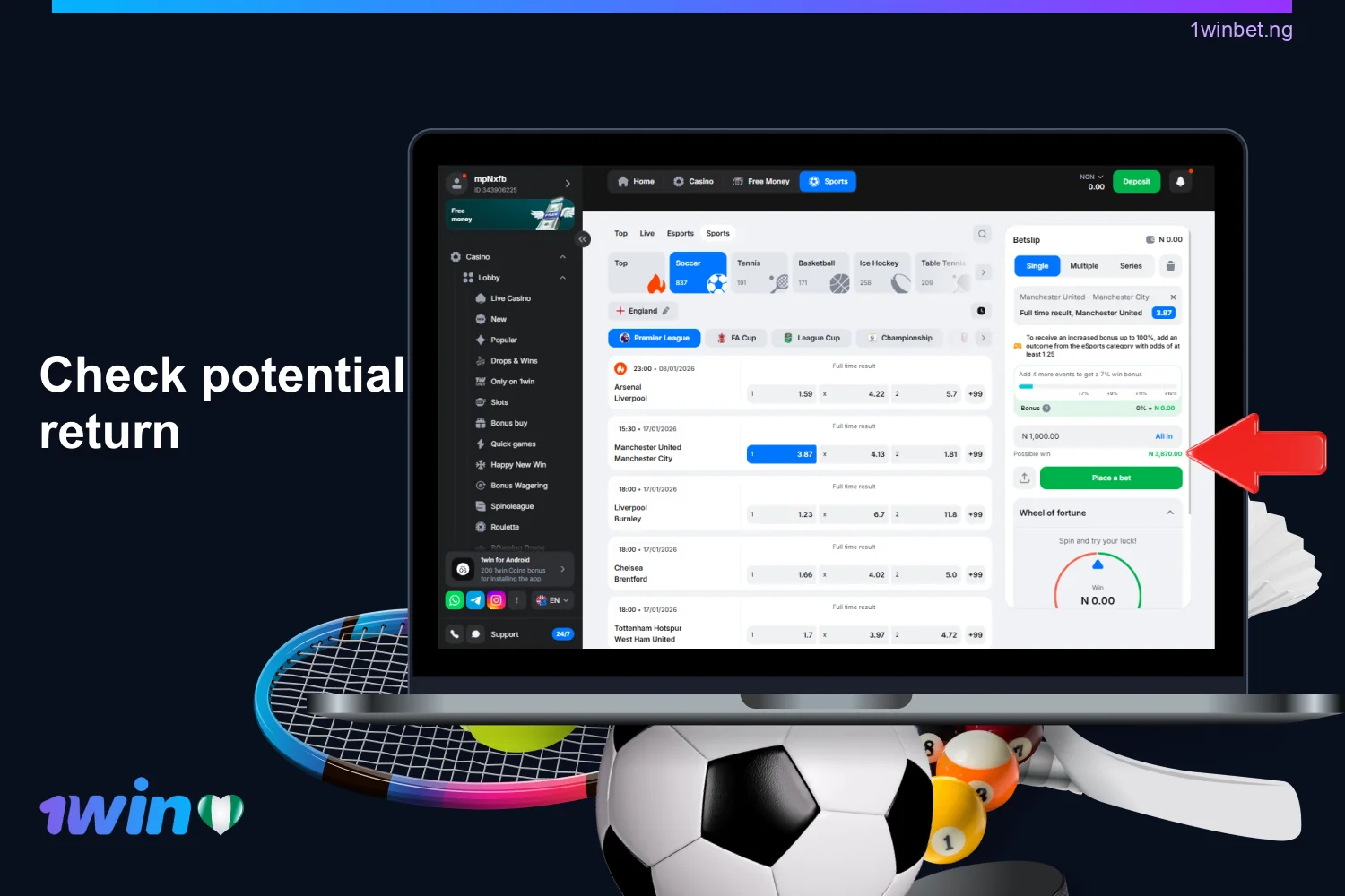 View the potential winnings on 1win calculated based on your bet