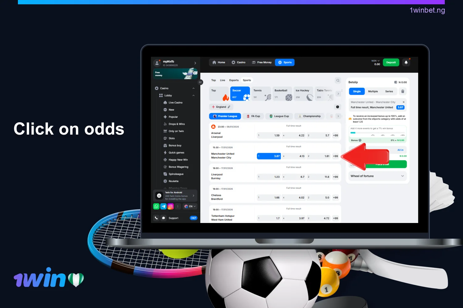 Select odds and add them to your 1win betting list