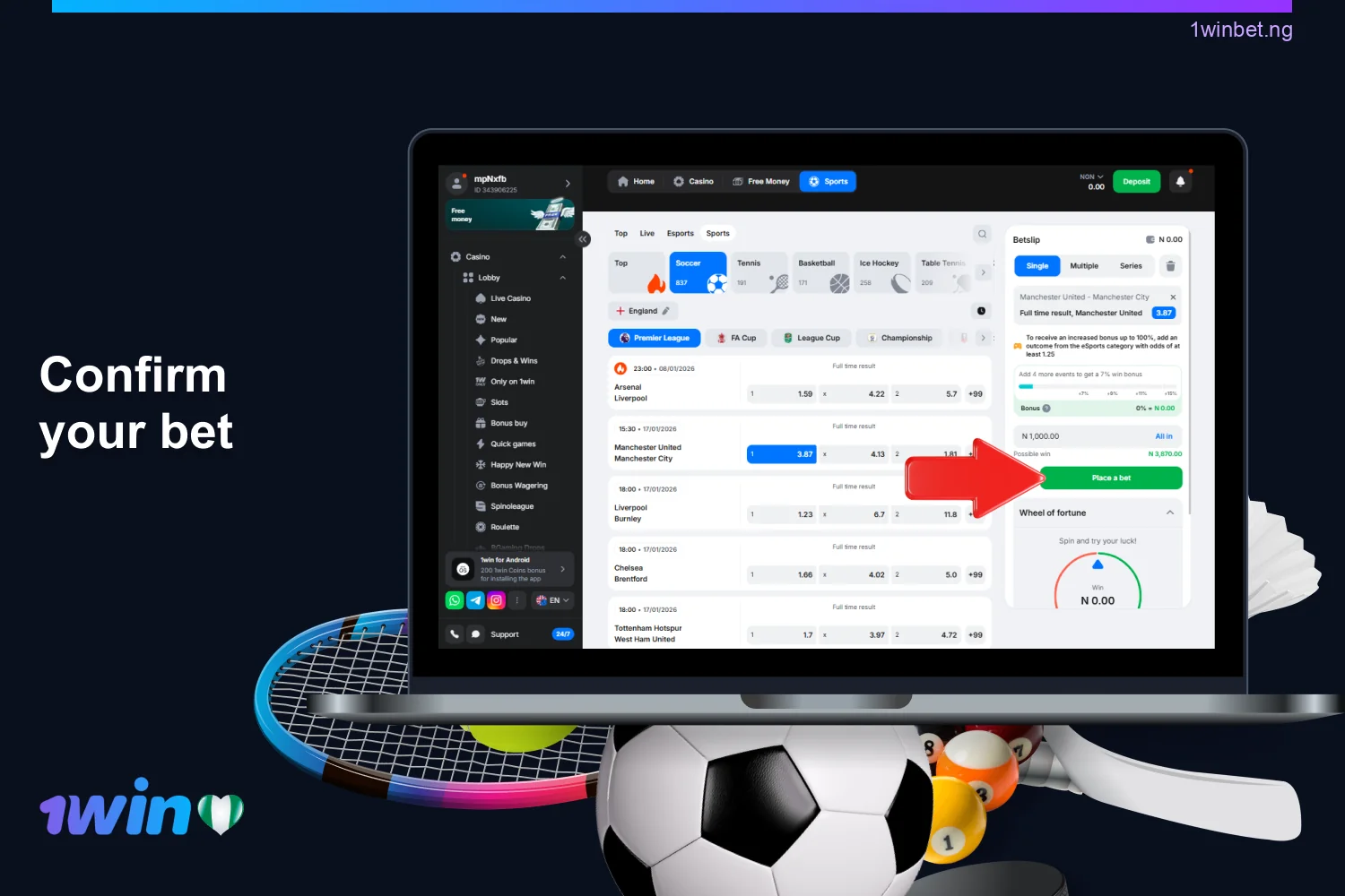 Click the "Place Bet" button to complete your 1win bet