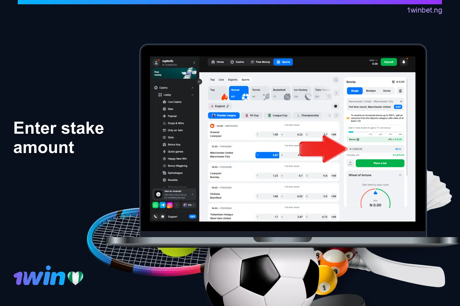 Enter the amount you want to bet on the selected bet in the corresponding field on 1win