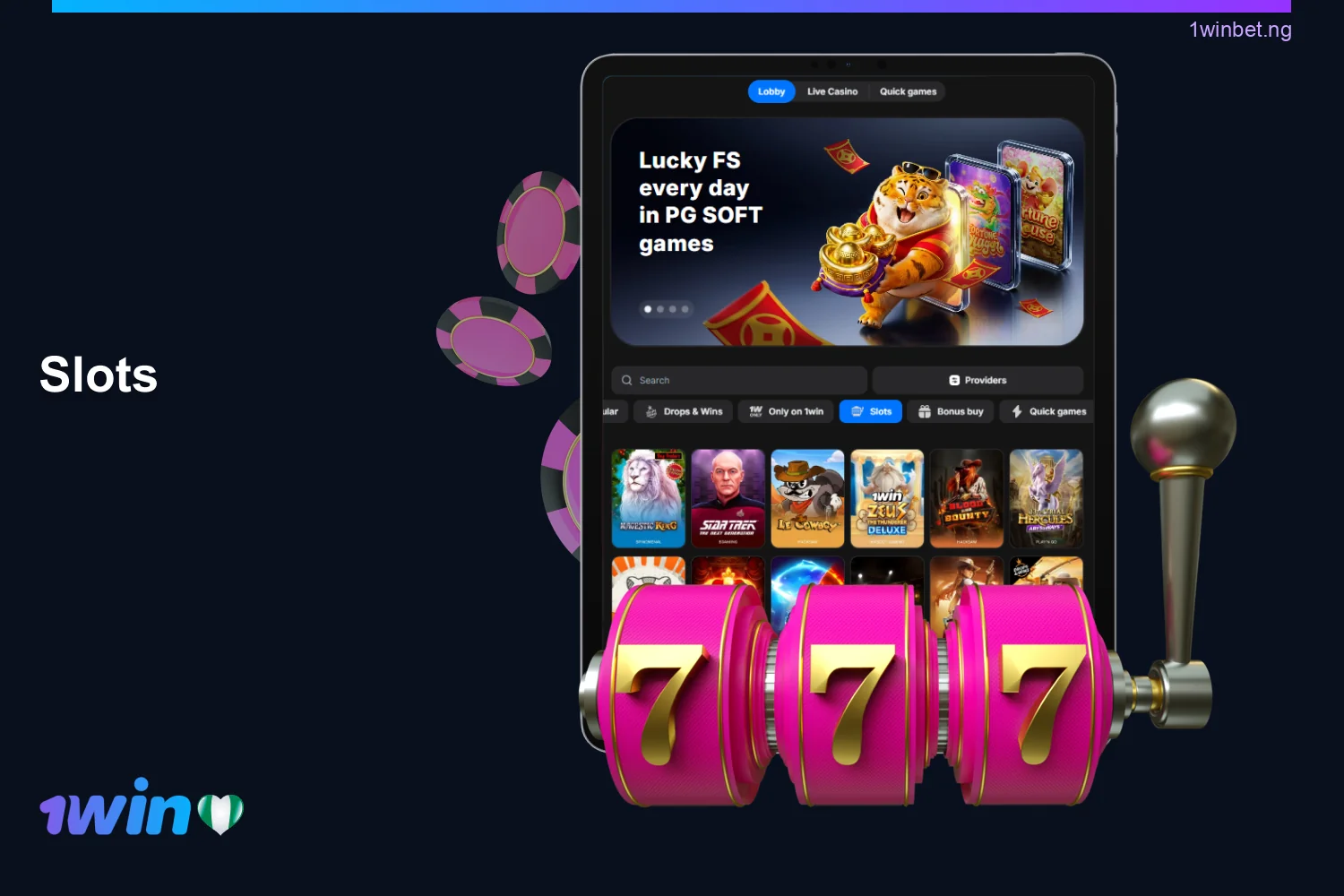 Players from Nigeria have access to 11,000+ slots with different themes, bonus levels and free spins at 1win Casino