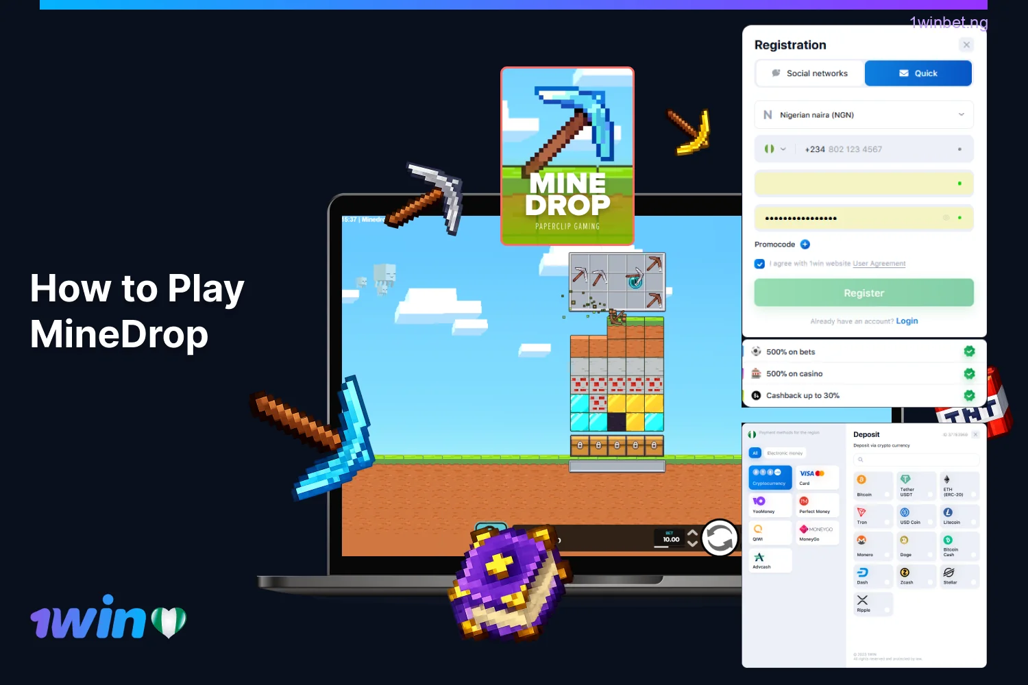 To play MineDrop for real money, Nigerian users must create a 1win account and fund their account