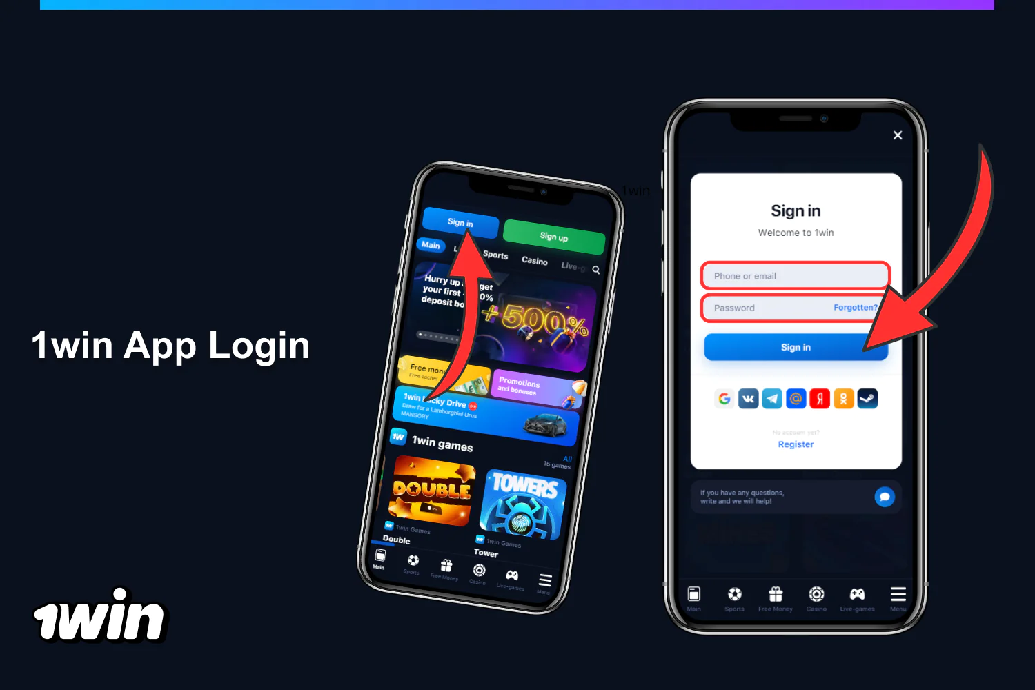To log in to the 1win application, a user from Nigeria needs to open it, click Login, enter credentials, select social networks, and press Enter