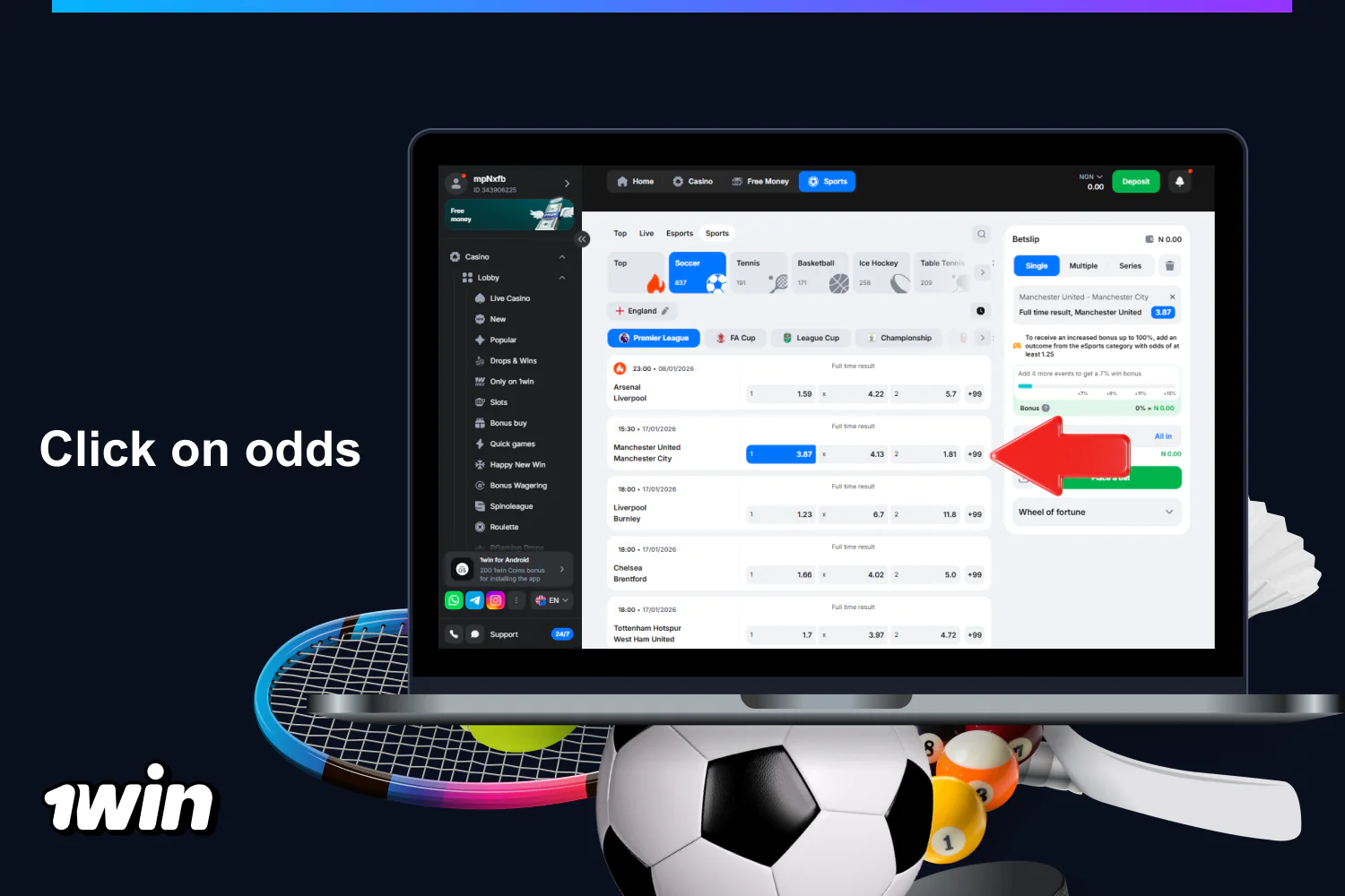 Select odds and add them to your 1win betting list