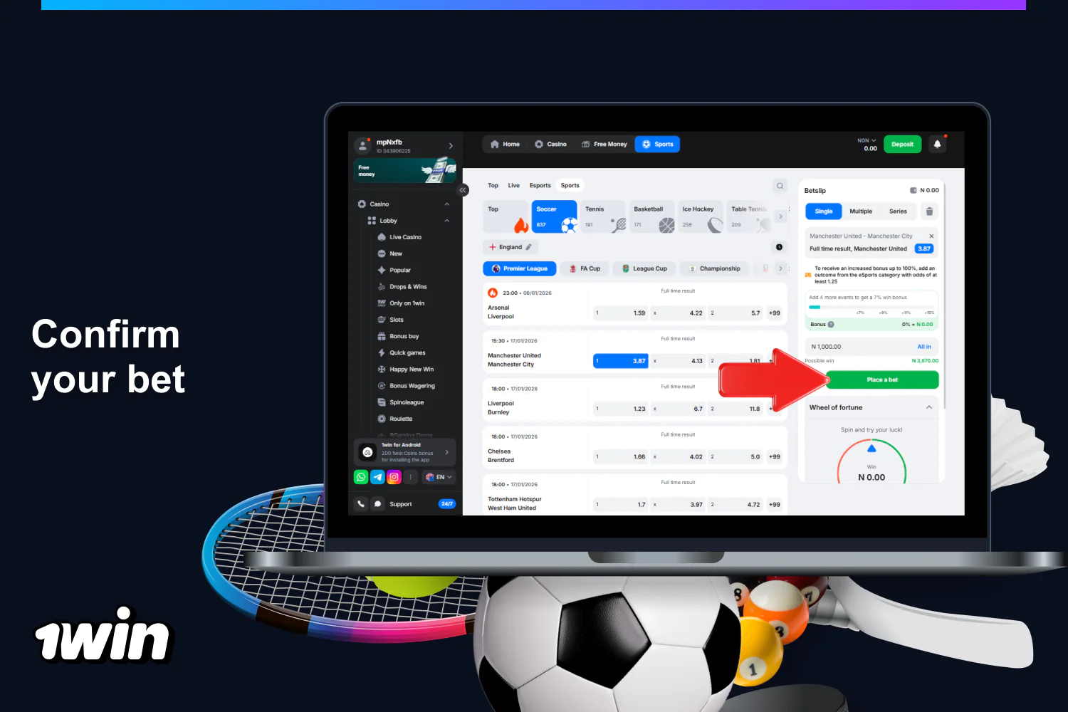 Click the "Place Bet" button to complete your 1win bet