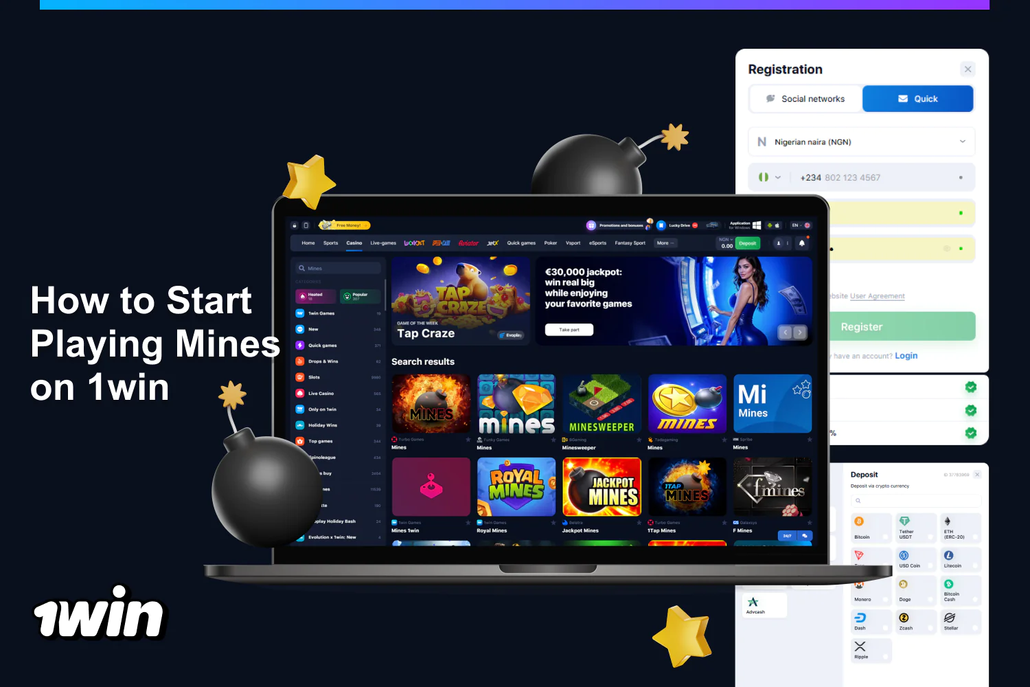 Before you start playing Mines, you must register at 1win Casino
