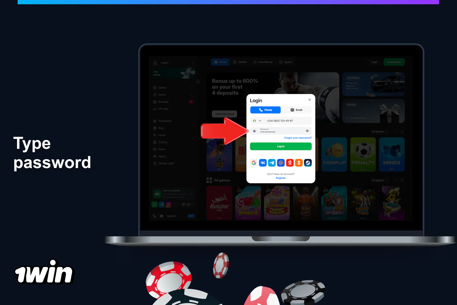 Enter your password to log in to your 1win account